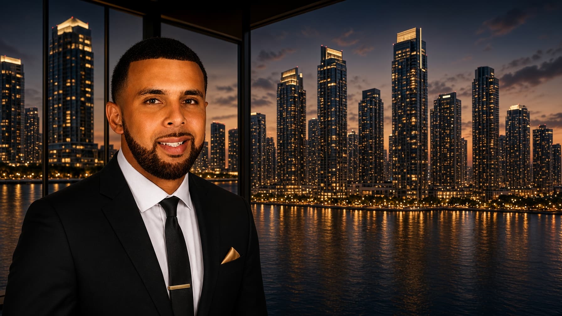 Dwight Arscott, IUL & Annuities Specialist at NXT Play Financial, with the city skyline at dusk